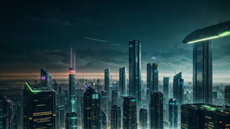 A futuristic green city, advanced cyberpunk metropolis, ultramodern skyscrapers, neon-lit streets, flying cars, holograms, robots, artificial intelligence, lush parks and gardens, clean energy technology, utopian society, vibrant colors, dramatic lighting,...