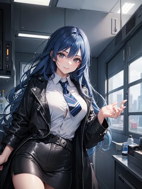 woman, long curry wavy steel blue hair, dark gray black eyes, independent woman, kind smile. mature woman. mafia. wear jacket. girl boss. doctor.