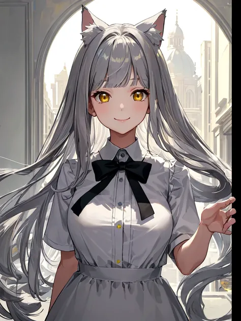 ((masterpiece)), ((best quality)), (from front, facing front:1.32), (close-up:1.2), (half-body shot:1.36), (side bangs hairstyle), perfect anatomy, 1girl, solo, adult cat girl, long gray straight hair, yellow round eyes, gray cat ears, gray fluffy cat tail...