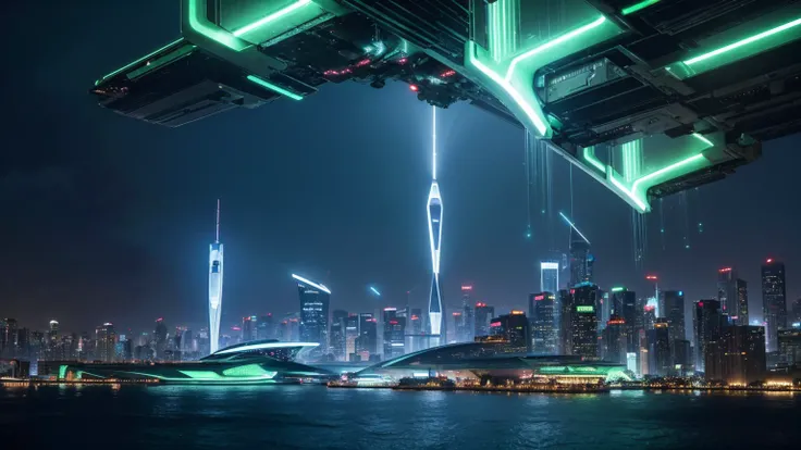 a futuristic green city, cyberpunk cityscape, neon lights, skyscrapers, floating islands, advanced technology, aerial vehicles, shimmering glass buildings, metallic structures, bioluminescent plants, neon signage, holographic displays, clean energy, flying...