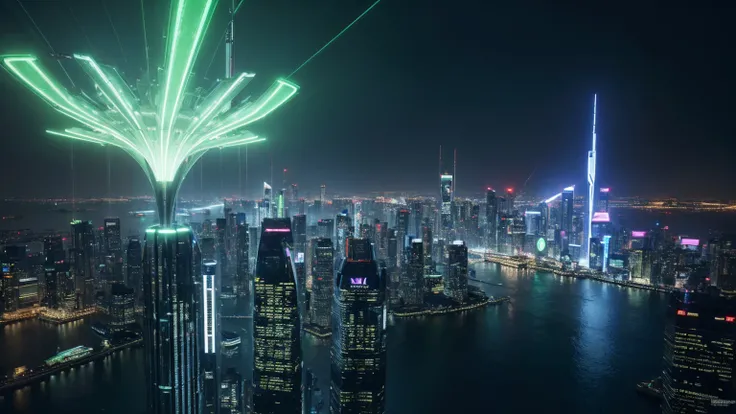 a futuristic green city, cyberpunk cityscape, neon lights, skyscrapers, floating islands, advanced technology, aerial vehicles, shimmering glass buildings, metallic structures, bioluminescent plants, neon signage, holographic displays, clean energy, flying...