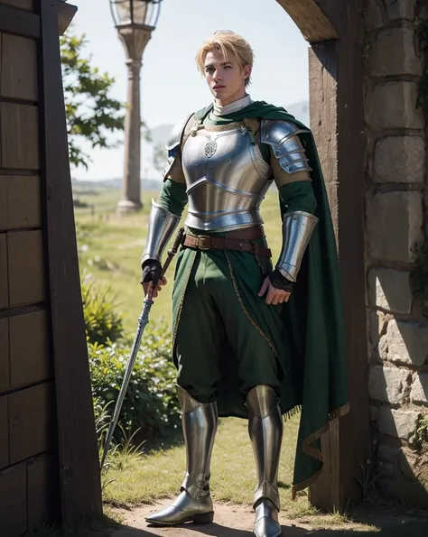 Male Youth with blonde hair, brown eyes and fair skin, wearing green medieval knight armor and gray trousers, gauntlets and boots, weilding spear, fullbody, medieval background, muscular