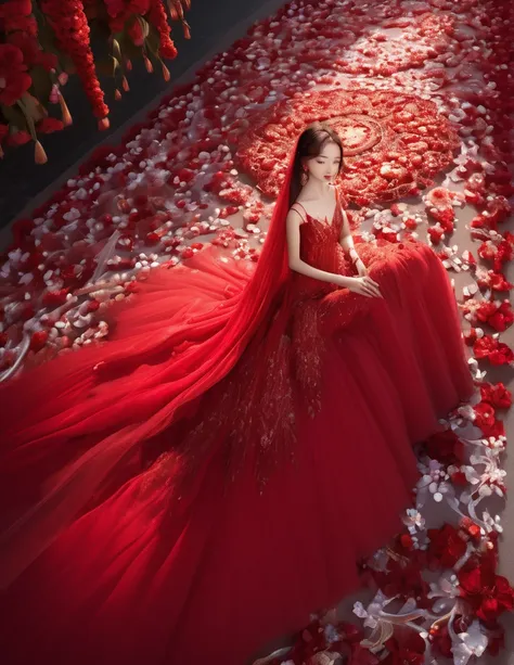 extreme wide shot,aerial perspective,top-down view,grand scale,central subject,woman in red bridal gown,red petals are covered a...