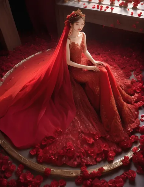 extreme wide shot,aerial perspective,top-down view,grand scale,central subject,woman in red bridal gown,red petals are covered a...