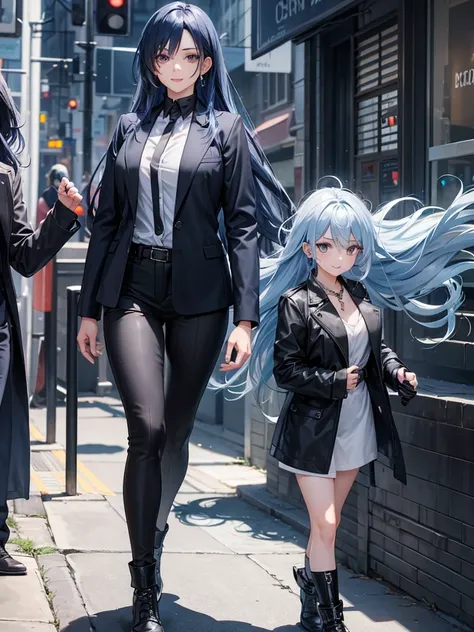 woman, long curry wavy steel blue hair, dark gray black eyes, independent woman, kind smile. mature woman. mafia. wear jacket. girl boss. doctor.