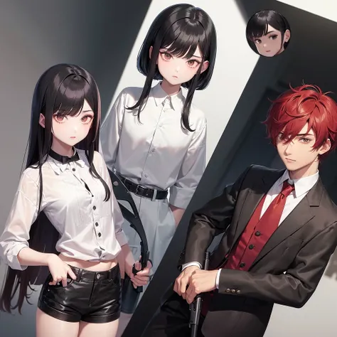  A boy with black hair and red locks in a mafia suit, a gun, brown eyes and white skin.
Next to the boy, a girl with dark brown hair (too much), green eyes and white skin, blue locks, matching black blouse and shorts, loose hair, not too short and bangs an...