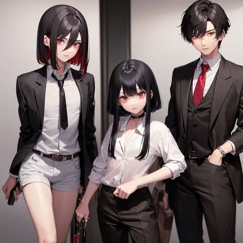  A boy with black hair and red locks in a mafia suit, a gun, brown eyes and white skin.
Next to the boy, a girl with dark brown hair (too much), green eyes and white skin, blue locks, matching black blouse and shorts, loose hair, not too short and bangs an...