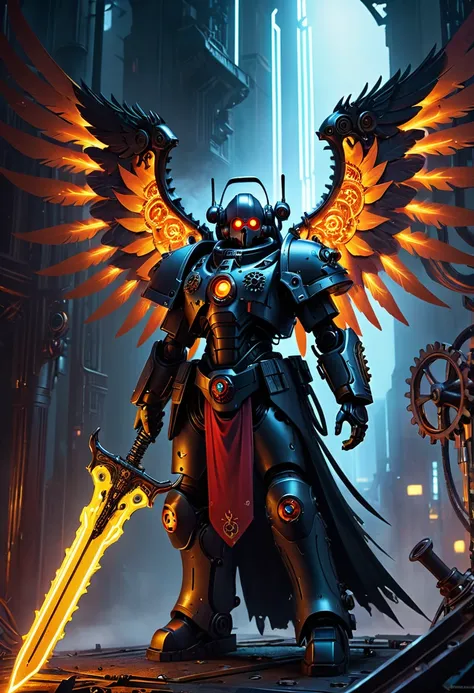 angel of death, inspired by cyberpunk warhammer 40k, grasping a radiant sword, huge wings made of gears and liquid metal, expres...