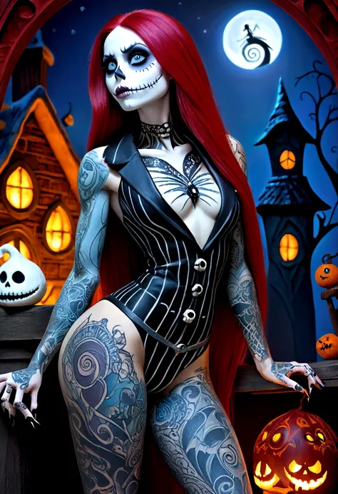 Create a hyper detailed photograph of a nightmare before Christmas tattooed muscular young sexy sally Skellington, Stunningly perfect gorgeous face, perfect makeup,detailed vibrant eyes, long hair, big beautiful muscular legs, big beautiful muscular arms, ...