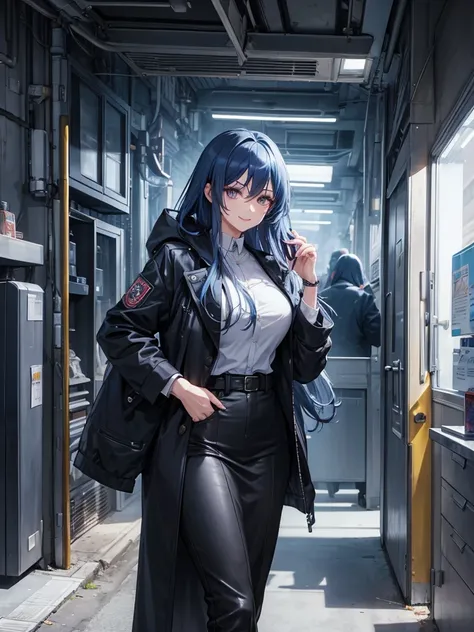 woman, long curry wavy steel blue hair, dark gray black eyes, independent woman, kind smile. mature woman. mafia. wear jacket. girl boss. doctor.