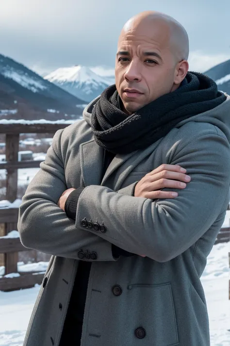 
Visualize Vin Diesel wearing a thick coat, scarf and hat, wrapped in very heavy winter clothes. He has a cold expression, perhaps with steam coming out of the mouth when speaking, and in the background you see a typical landscape of Rio Grande do Sul in w...