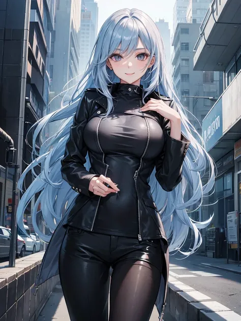 woman, long curry wavy light steel blue hair, dark gray black eyes, independent woman, kind smile. mature woman. mafia. wear jacket. girl boss. doctor.