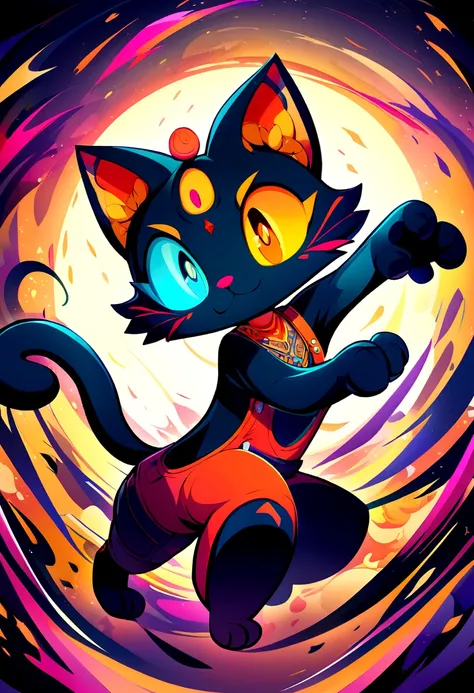 Highly stylized digital artwork of a cat designed in a cartoon animation style, with intricate details and vibrant colors. The cat is depicted with exaggerated features, such as large, expressive eyes and a dynamic pose, making it look playful and engaging...