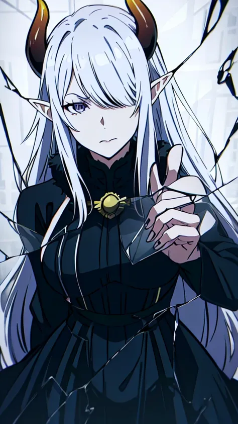 ((1adult woman,solo,milf,mature female)),lipstick,horns,serious face,white hair,long hair,(black dress),elf ears,(((hair over one eye))),glass,broken glass