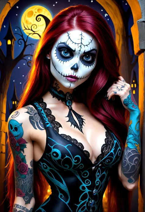 Create a hyper detailed photograph of a nightmare before Christmas tattooed muscular young sexy sally Skellington, Stunningly perfect gorgeous face, perfect makeup,detailed vibrant eyes, long hair, big beautiful muscular legs, big beautiful muscular arms, ...