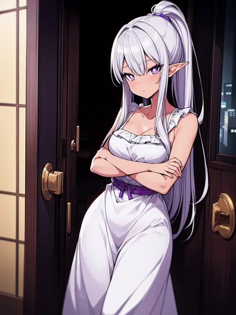 (cowboy shot), (ultra-high resolution, depth of field:1.2), dark skin, 1woman, mature, plump, (silver hair), long straight hair, ponytail, (purple eyes), elf ears, (medium breasts), (wide hips:1.2), (sundress), (long sundress:1.1), long dress, frills, apar...