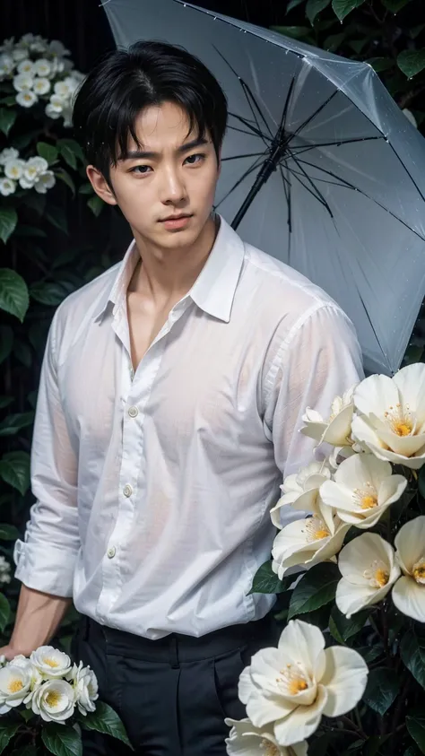 The captivating images show handsome Korean men, 32 years old、 He is standing with an umbrella on a slope where gardenia flowers are blooming in the heavy rain., Gazing into the distance、Attention to detail, This realistic portrait embodies the National Ge...