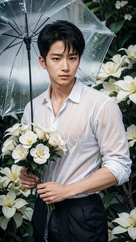 The captivating images show handsome Korean men, 32 years old、 He is standing with an umbrella on a slope where gardenia flowers are blooming in the heavy rain., Gazing into the distance、Attention to detail, This realistic portrait embodies the National Ge...