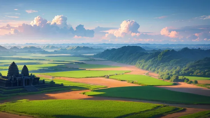 Beautiful scene of Cambodian countryside seen from above, Photo-realistic, High definition, 8K