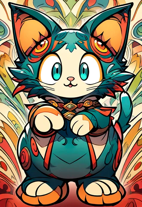 Highly stylized digital artwork of a cat designed in a cartoon animation style, with intricate details and vibrant colors. The cat is depicted with exaggerated features, such as large, expressive eyes and a dynamic pose, making it look playful and engaging...