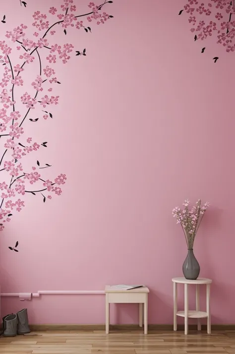 A pink wall with flowers drawn all over the wall, the wall is in a room 