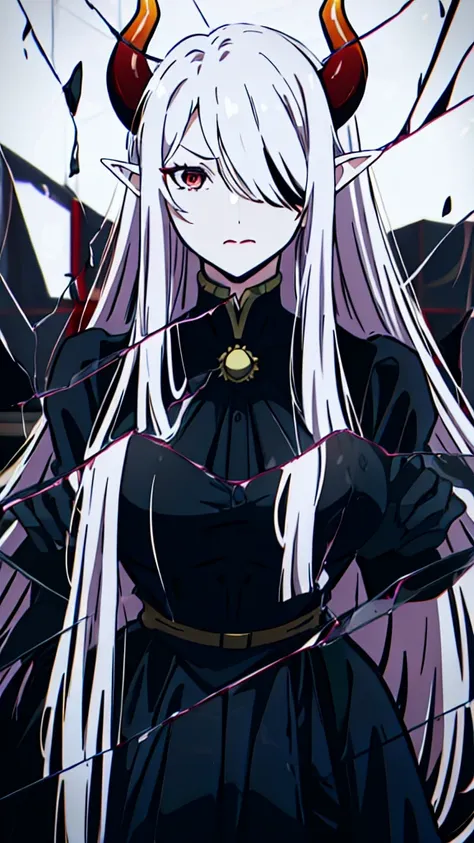 ((1adult woman,solo,milf,mature female)),red eyes,redlipstick,horns,serious face,white hair,long hair,(black dress),elf ears,(((hair over one eye))),glass,broken glass