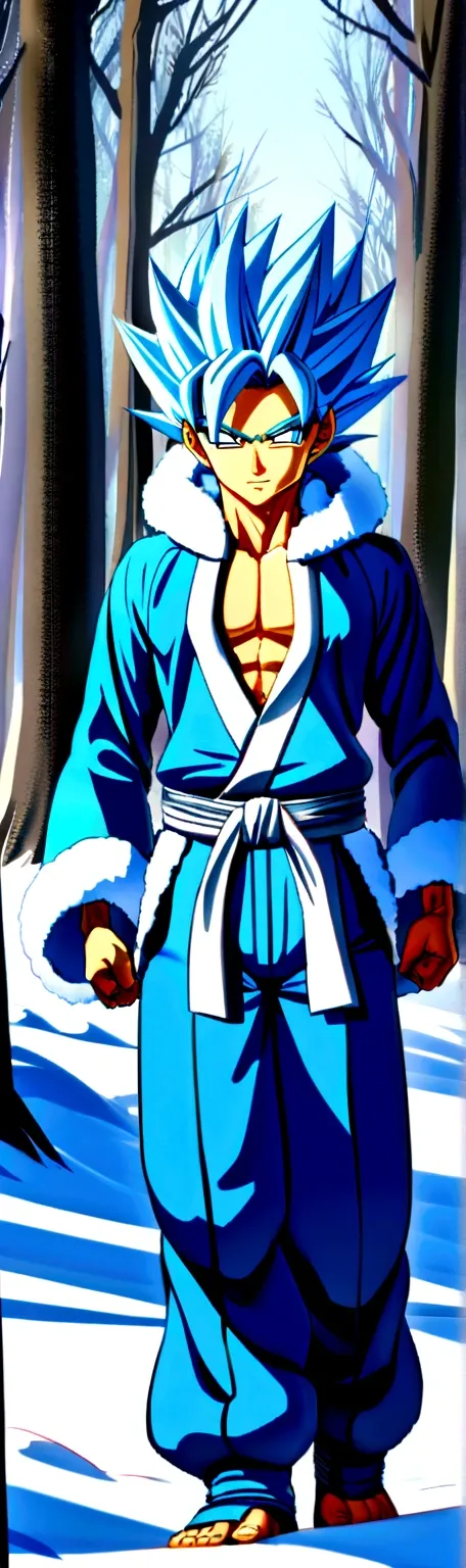 1 man, mid 20s, handsome, hot, (Saiyan spiky hair),(Silver blue ombre hair), (Blue eyes (Blue jacket with fluffy hood, blue belt, martial arts pants), snowy forest, ray tracing, (hands in pockets, slight smile)