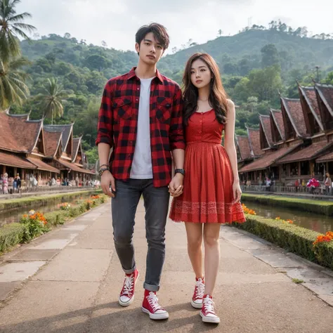 Photography of a clean-faced Indonesian couple, a 28-year-old man with a clean face, a 25-year-old woman, the man wearing a red checkered shirt with a T-shirt inside, wearing jeans, wearing Converse shoes, the woman wearing a knee-length red dress, wearing...