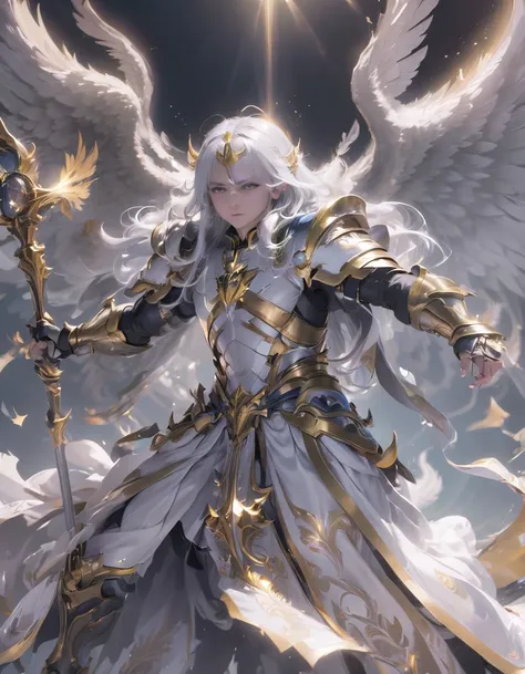 a god with golden armor. with furious wings. fly in the sky. white hair. white beard. men. a staff in his hand. sit. full body.