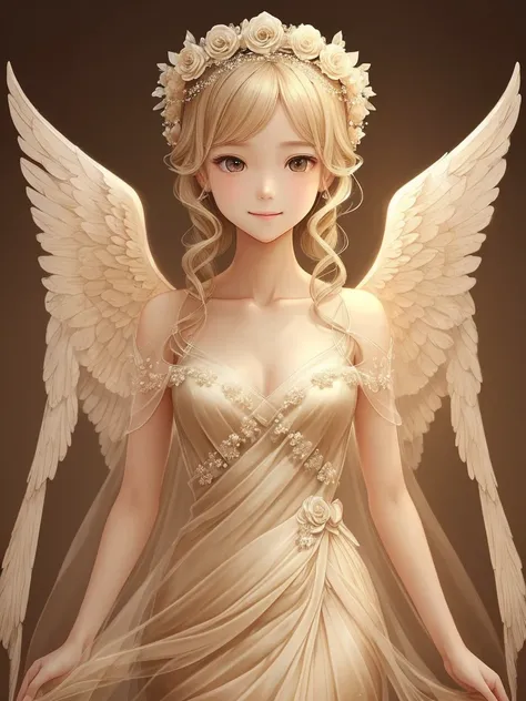 ( Anatomy is quite accurate ) One is wearing a beige gauze dress、With wings、Woman with beige light blond hair wearing flower crown( perfect anatomy )  Translucent wings, Beautiful angel wings,Extremely detailed close up of smiling female angel in flowing g...