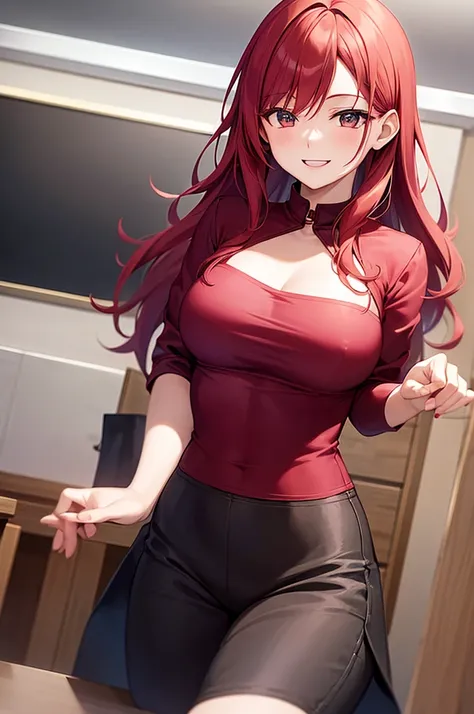 1  woman who is very smiling, has red hair, and she is very active, energetic and happy in class, he has school clothes, medium bust and butt, she has a star hairpin in her hair