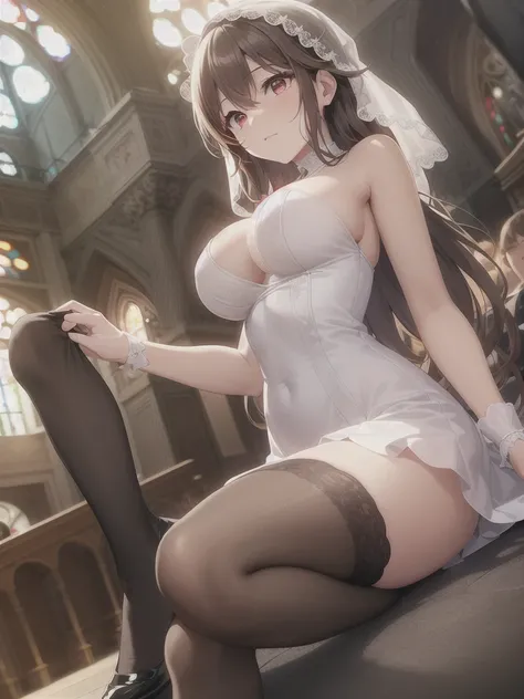 A girl，Long hair, Bangs, Orange Hair, Hair between the eyes, (Red Eyes:1.5),  (Large Breasts:1.2), 
rest  锁骨, Wedding dress，veil，wedding，White Dress，Flowers，The skirt is broken，White socks，Tights，Black knee socks，
Looking at the audience, whole body,Put yo...