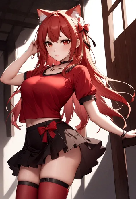 a girl with a red skirt and a black skirt that is under the red shirt . red stockings . red zip up hoodie, black shirt underneath with short sleeves and ,red hair, long hair and a flower with a ribbon on the bottom on the side on the hair and red eyes has ...