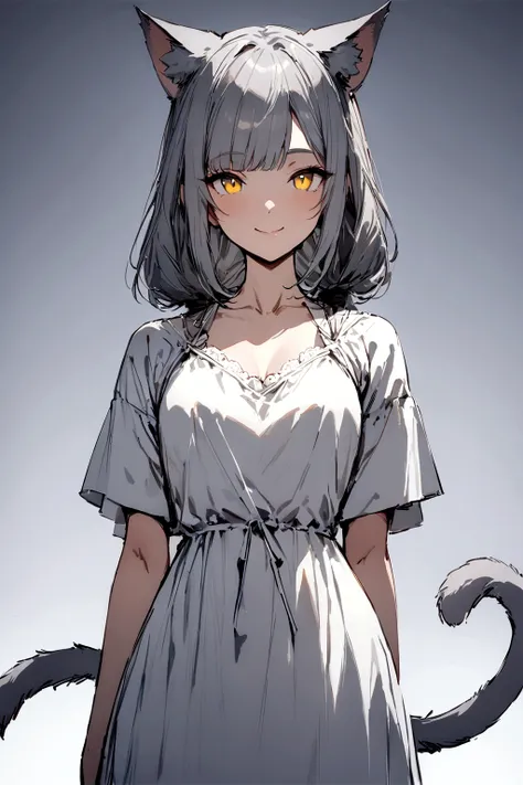 ((masterpiece)), ((best quality)), (from front, facing front:1.32), (close-up:1.2), (half-body shot:1.36), (side bangs hairstyle), perfect anatomy, 1girl, solo, adult cat girl, long gray straight hair, yellow round eyes, gray cat ears, gray fluffy cat tail...