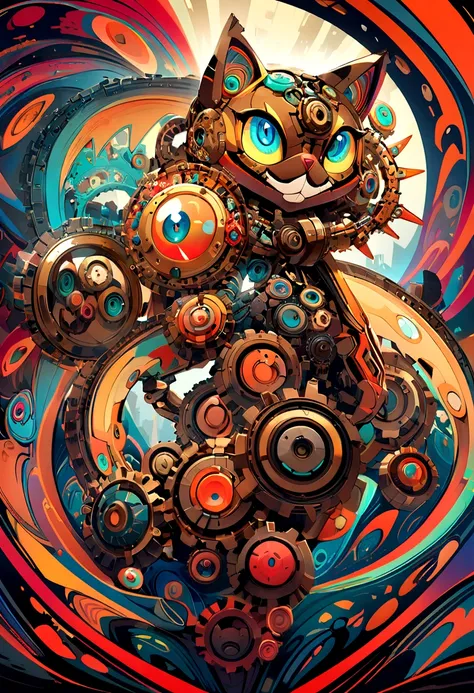 Highly stylized digital artwork of a cat designed in a cartoon animation style, with intricate details, vibrant colors, and mechanical parts. The cat is depicted with exaggerated features, such as large, expressive eyes and a dynamic pose, making it look p...