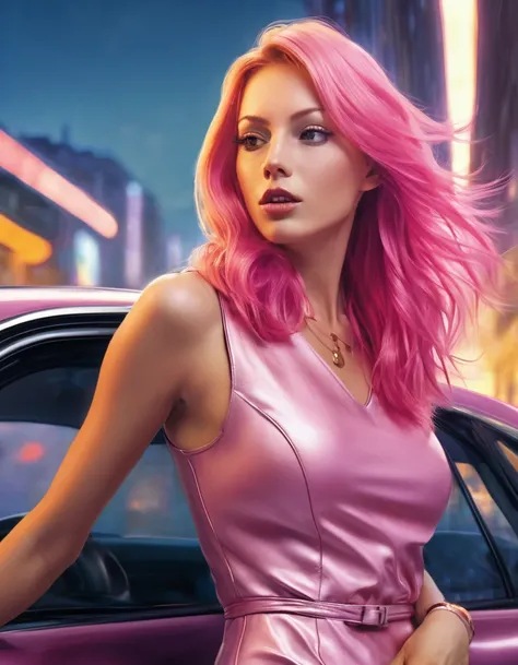 (best quality)1, (best detail)1, (specular highlights)1, (specular reflections)1, (wallpaper)1, cel-shaded poster style, a cool looking french woman with long pink hair, in a leather sticky mini dress stood against a wall in profile, in cars high-beams lig...