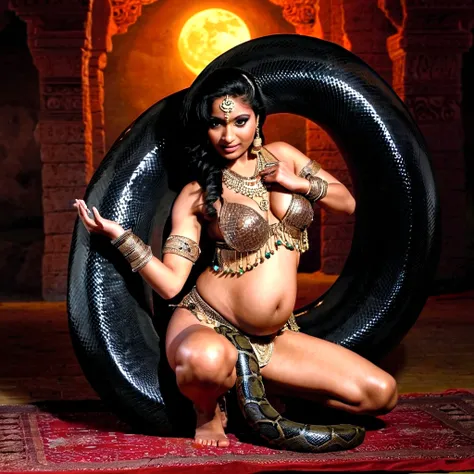  Pregnant  Happy Horny, aroused 1girl), beautiful kneeling indian young teen belly dancer girl  with  giant colossal black titanboa squeezing her hard, wrapped in thick spiraling coils, constricted, struggle, gasping for air, snake attack, snake peril, moo...