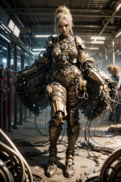 a full-length figure of a cool girl wearing a detailed mechanical armored suit. exposed wiring, lots of cords and tubes connecti...