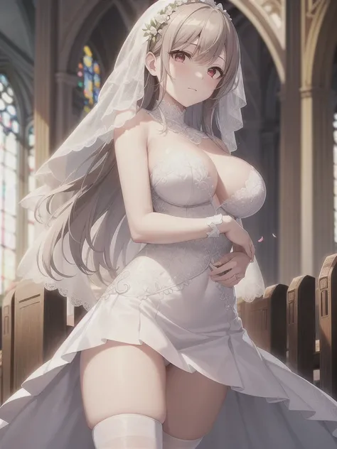 A girl，Long hair, Bangs, White hair, Hair between the eyes, (Red Eyes:1.5),  (Large Breasts:1.2), 
rest  锁骨, Wedding dress，veil，wedding，White Dress，Flowers，The skirt is broken，White socks，Tights，Black knee socks，
Looking at the audience, whole body,Put you...