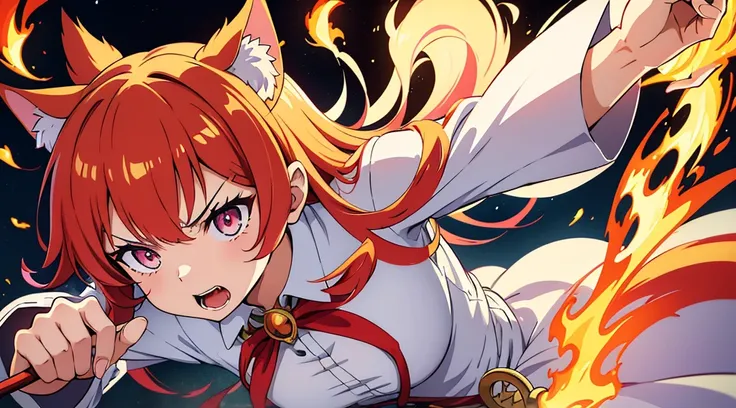 (1 Nekomimi Girl, No human ears),(beautiful eyes finely detailed, Look at the details, Multicolored Hair), Wearing a long dress witch costume, Angry expression, has a mysterious staff, She holds a magic wand、Flames are coming out of it and it&#39;s casting...