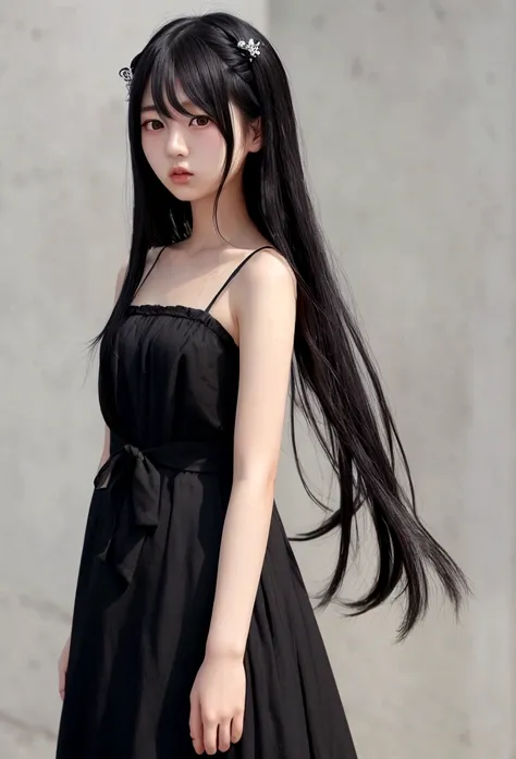 Japanese、whole body、Beauty、Long Hair、Black Hair、Thin eyebrows、Droopy eyes、22 years old、Black Dress、In the town