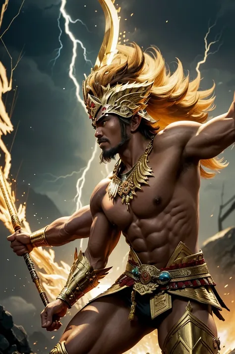 ((best quality)), ((masterpiece)), (detailed), create very detailed images of A powerful warrior in Javanese mythology, associated with thunder and lightning, and renowned for his strength and bravery. He is often depicted as a fierce warrior who defends p...