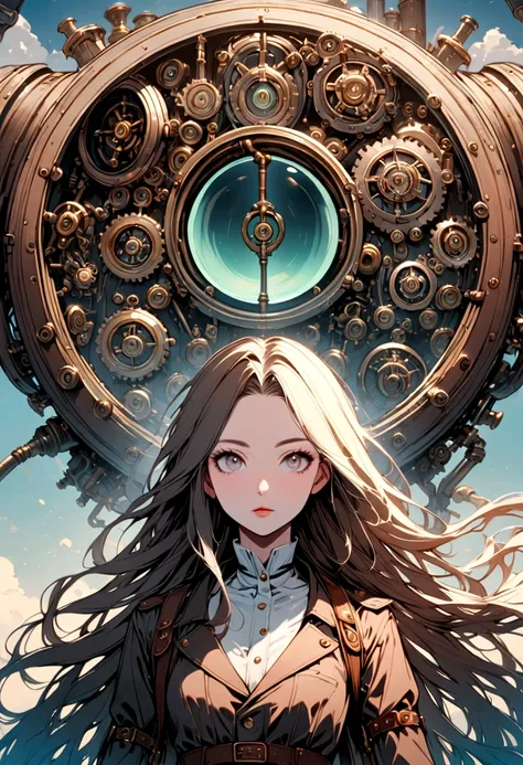 8K quality:1.2,1girl,sense of deps,disorganized,catch light,Super beautiful illustration,long straight hair,beautiful face,detailed face,Super beautiful woman,steampunk,adventurer.covered in endless gears,vapor,near future,SF,pipe,vapor町,Rebar