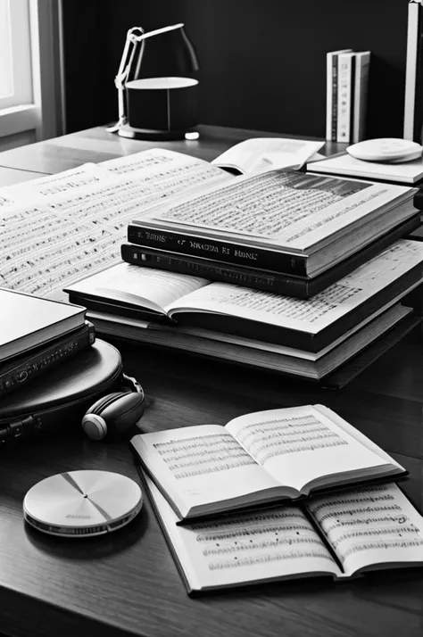 Music and books on a table black and white edition
