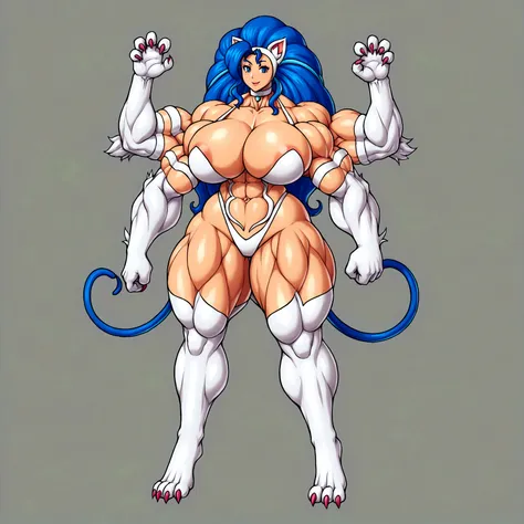 Felicia, gigantic muscular body, big breasts, gigantic penis with big balls, 4 arms, full body.