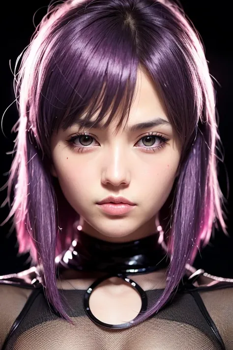 raw photos, ((((extreme beauty portrait))), suko kusanagi, purple hair, red eyes,wearing a transparent black bodysuit，beautiful ...