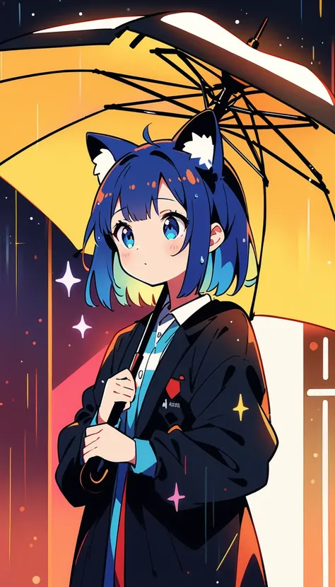 (最high quality, 4K, Attention to detail, high quality:1.2), Ultra-high resolution, (retina:1.1), Cinema Lighting, It rains, Give the cat an umbrella, 1girl, sparkle, cute, Illustration Style