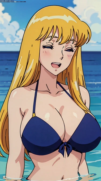 Reiko_iwife,

One girl, 

Blonde, Long Hair, (Huge saggy breasts), (Beautiful Nudes), Cleavage, 

(Swimming in the sea),(Immersed in water:1.1),

(Blue triangle bikini:1.0),

expression(Puzzled),(blush,Close ~ eyes,Open Mouth),

Anime cel style,
masterpiec...