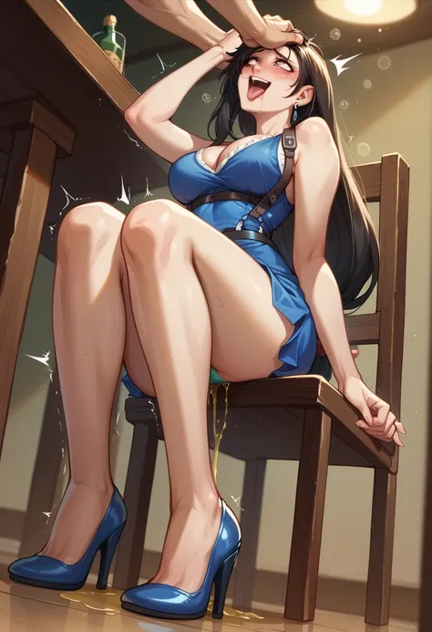 drunk tifa in a blue dress sitting on a chair with her legs spread、(head pat)、(ahegao 3)、urine dripping from panties、laughing、dr...