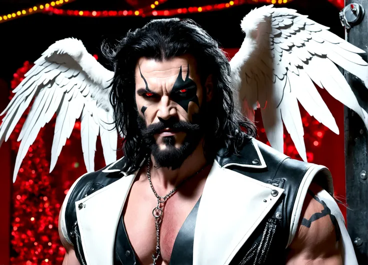 DC comics Lobo (pale white skin, deep red eyes, pitch black mullet and scraggly beard, powerfully muscled, leather space biker outfit with a lot of metal stud trim, huge gun) is wearing angel wings to infiltrate a Christmas play. A bunch of lovely women in...